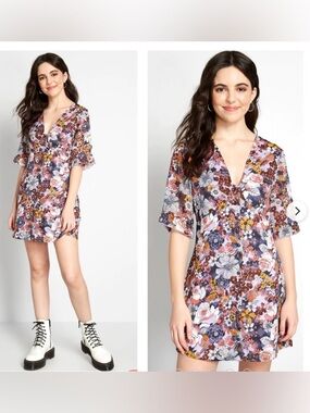 Modcloth Lavender Floral Mini Dress with White, Yellow, Navy & Burgundy Accents